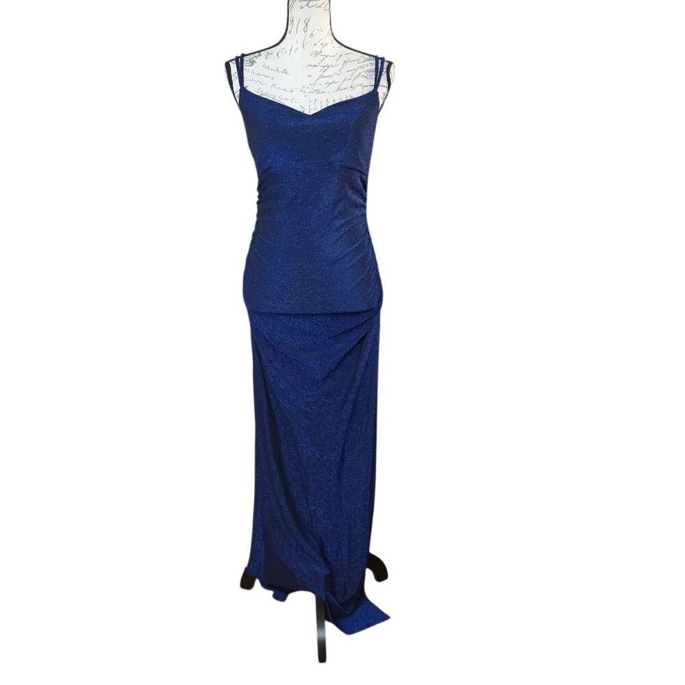 David's Bridal Womens Sze 8 Navy Marine Glitter Knit Cowl Neck Tank Sheath Dress